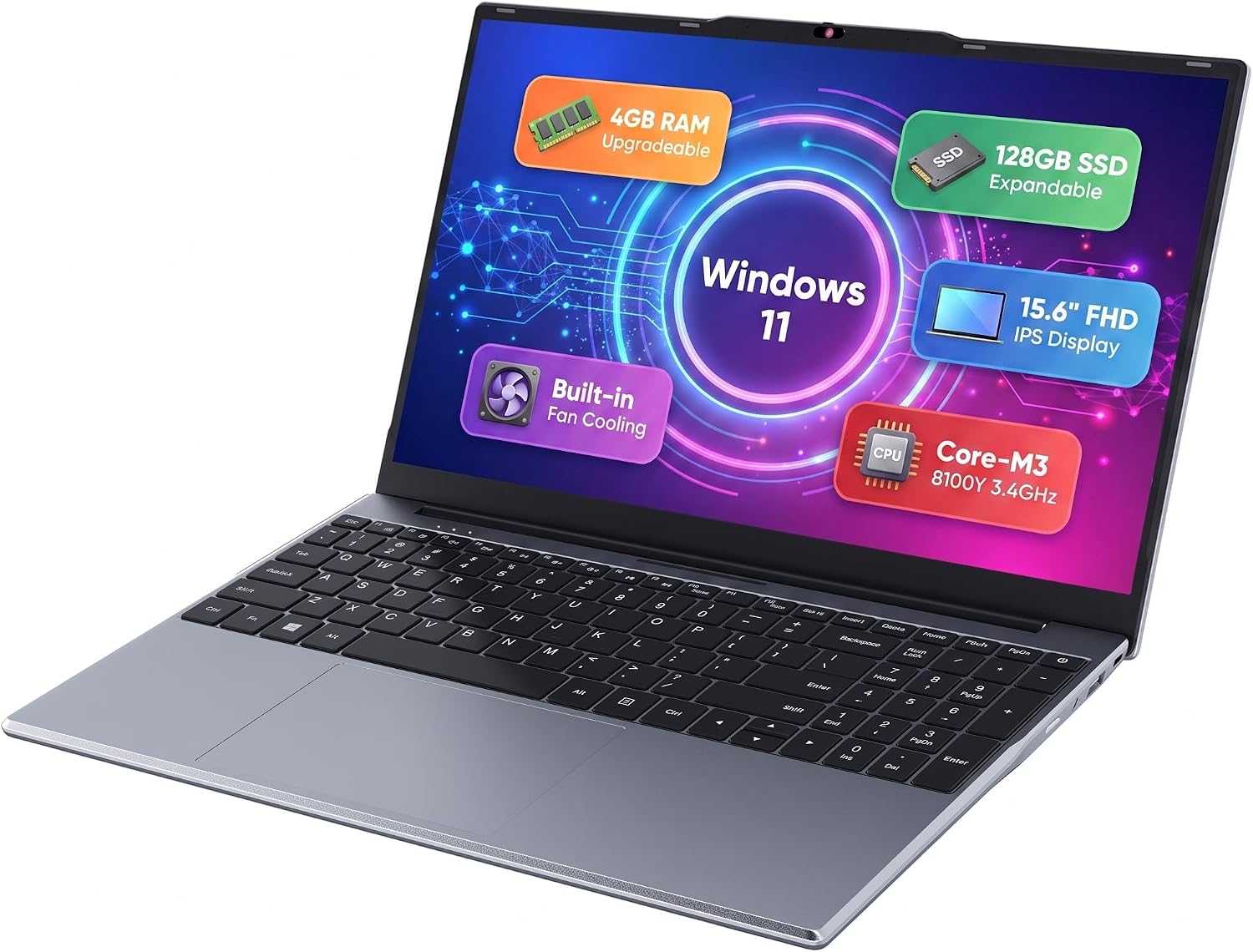 15.6 inch Laptop, Core 8100Y, 4GB So-Dimm RAM, 128GB SSD, Windows 11 Upgradeable RAM+SSD, 15.6" FHD IPS Display, 2MP Webcam, Cooling Fan, Type-C&HDMI, For Study, Daily Office Work